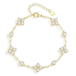 Gold Floral Bracelet for Women – 18K Gold Plated Cubic Zirconia Four Leaf Flower Bracelets…