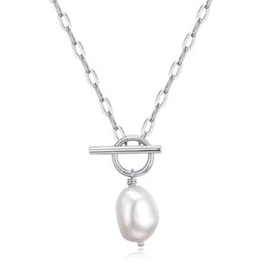 Pearl Pendant Necklaces for Women, 14K Gold Sliver Plated Toggle Clasp Freshwater…