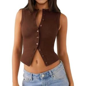 Womens Crop Tank Tops Going Out Button Down Vest Seamless Ribbed Trendy Shirts…